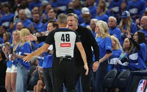 Minnesota Timberwolves head coach Chris Finch argues with an official during the second quarter against the Oklahoma City Thunder on Thursday.