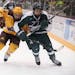 Minnesota Gophers� Taylor Cammarata (13) tries to check Michigan State Spartans� Anthony Scarsella (4) into the boards in the first period.