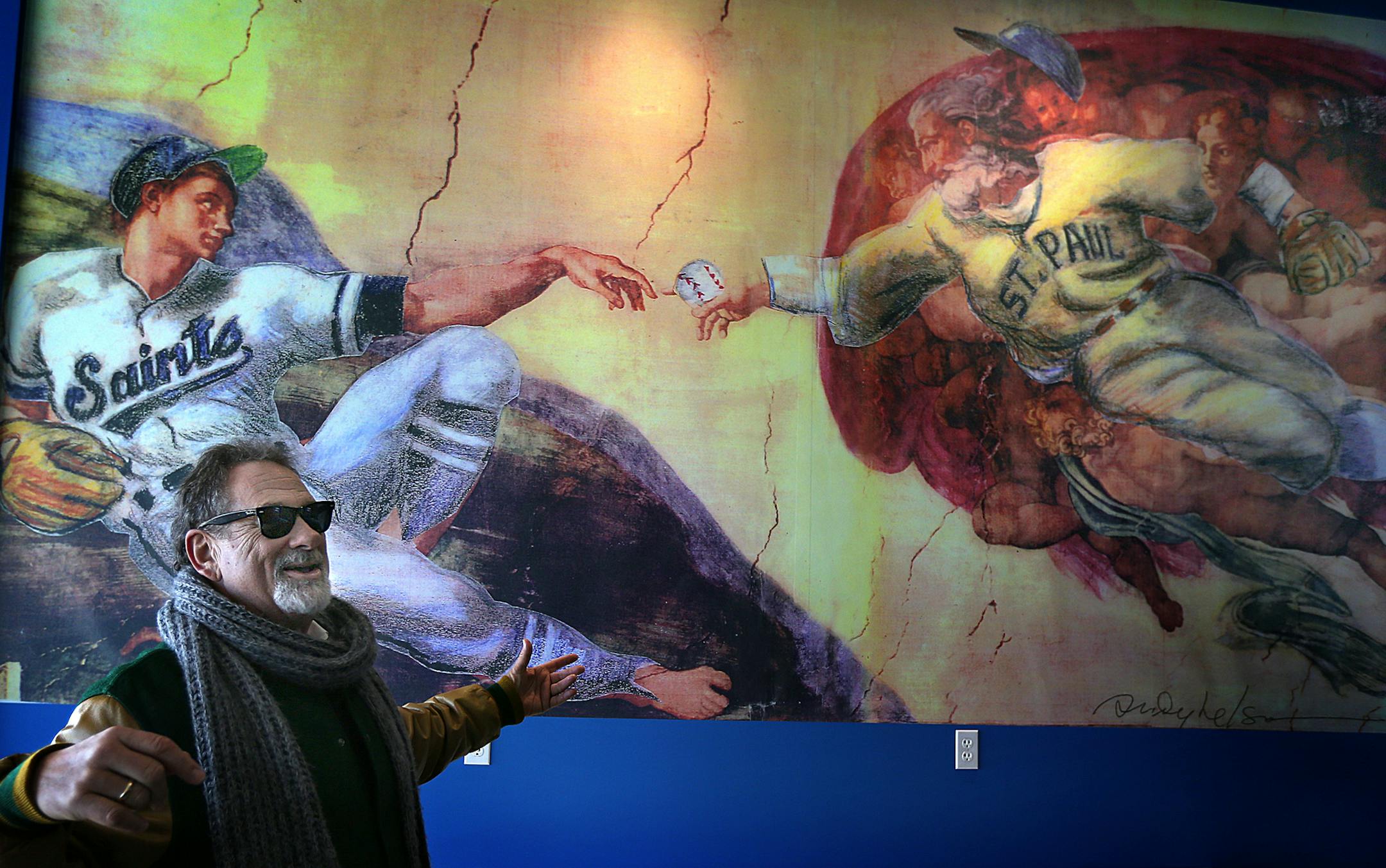 St. Paul Saints owner Mike Veeck stood in the teamís suite at the new CHS Field, where a colorful mural by late artist Andy Nelson adorns the wall. ] JIM GEHRZ ï james.gehrz@startribune.com / St. Paul, MN / February 27, 2015 /12:00 AM ñ BACKGROUND INFORMATION: Mike Veeck, owner of the St. Paul Saints, is giving us a tour of the nearly finished CHS Field, the new downtown St. Paul ballpark the Saints will soon call home.