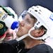 Jonas Brodin of the Wild took a break during a practice at Hovet Stadium in Stockholm.