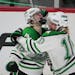 Hill-Murray Pioneers forward Chloe Boreen (18) celebrated a second period goal against Roseau with teammate Sophie Olson (10) during a Class 2A Girls 