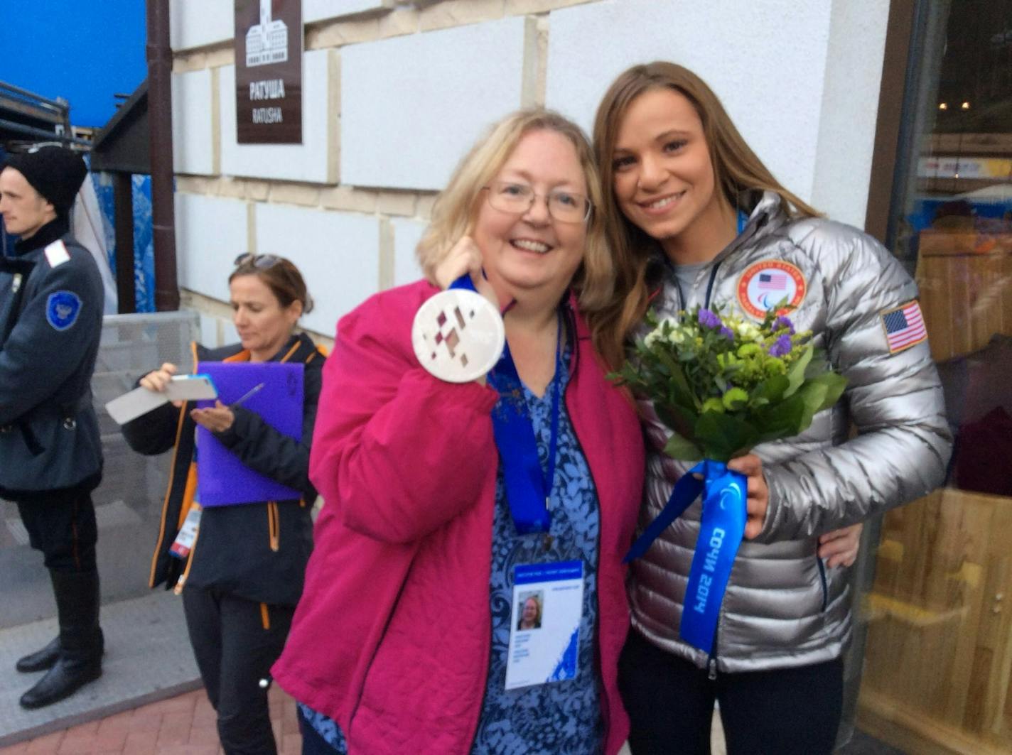 Here's my mom showing off my medal at my first ever Winter Paralympics in Sochi. Russia had just invaded Crimea—between the closing of the Olympics and the opening of the Paralympics—and I raced with mixed feelings. When I was announced at the start line, I wasn't "Oksana Masters from Ukraine," but "Oksana Masters, born in the former U.S.S.R." Those Paralympics still stir very complex and unsettling memories, which Russia's recent actions have only made more difficult. Courtesy of author