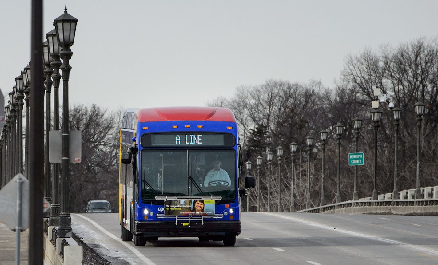 A new A Line bus on Ford Parkway. ] GLEN STUBBE * gstubbe@startribune.com Wednesday, February 10, 2016 We get a tour of the new Arterial Bus-Rapid Transit system on Snelling Ave., which will connect the 46th Blue Line light-rail station to Rosedale later this spring.Though a dozen BRT lines are planned for the Twin Cities, only one has opened so far -- the Red Line, which connects the Mall of America to Apple Valley (and with mixed results). Purists say the Snelling Ave. line is not a true BRT b