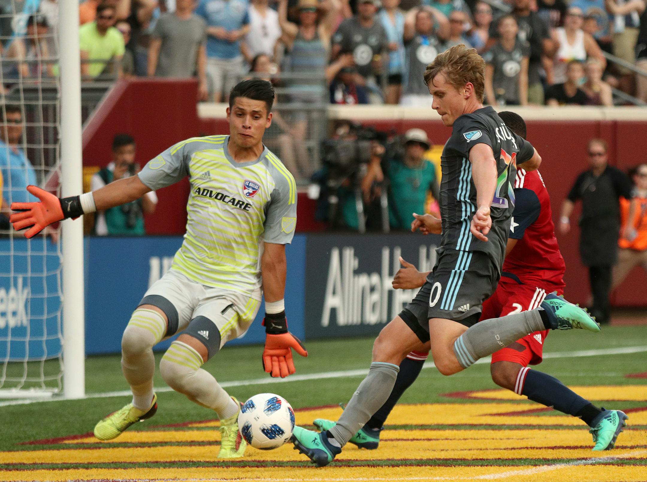 Minnesota United midfielder Rasmus Schuller (20) took a shot on FC Dallas goalkeeper Jesse Gonzalez (1) as FC Dallas defender Reggie Cannon (2) tried to disrupt the play in the first half. ] ANTHONY SOUFFLE &#xef; anthony.souffle@startribune.com Minnesota United played FC Dallas in an MLS match Friday, June 29, 2018 at TCF Bank Stadium in Minneapolis.
