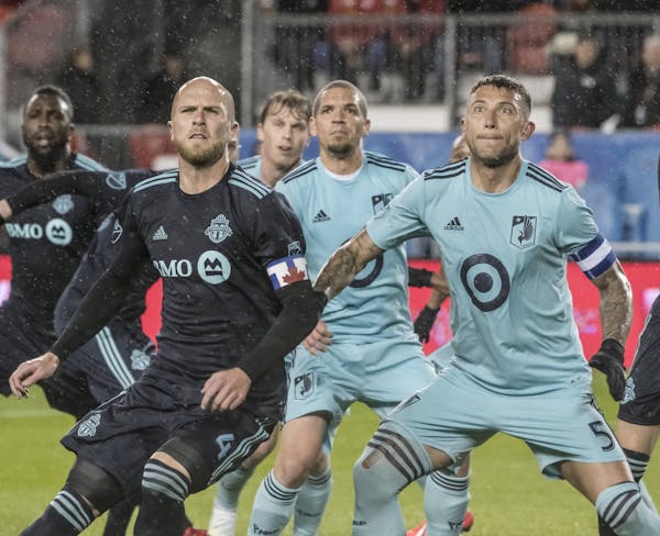Francisco Calvo (right), playing for the Loons in Toronto in April, will be in a Chicago Fire kit against them Saturday night.
