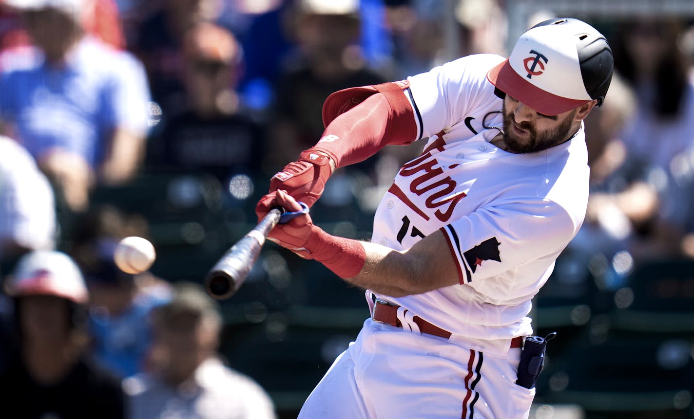 Twins left fielder Joey Gallo hit a single in the first inning on Saturday at Hammond Stadium in Fort Myers, Fla.