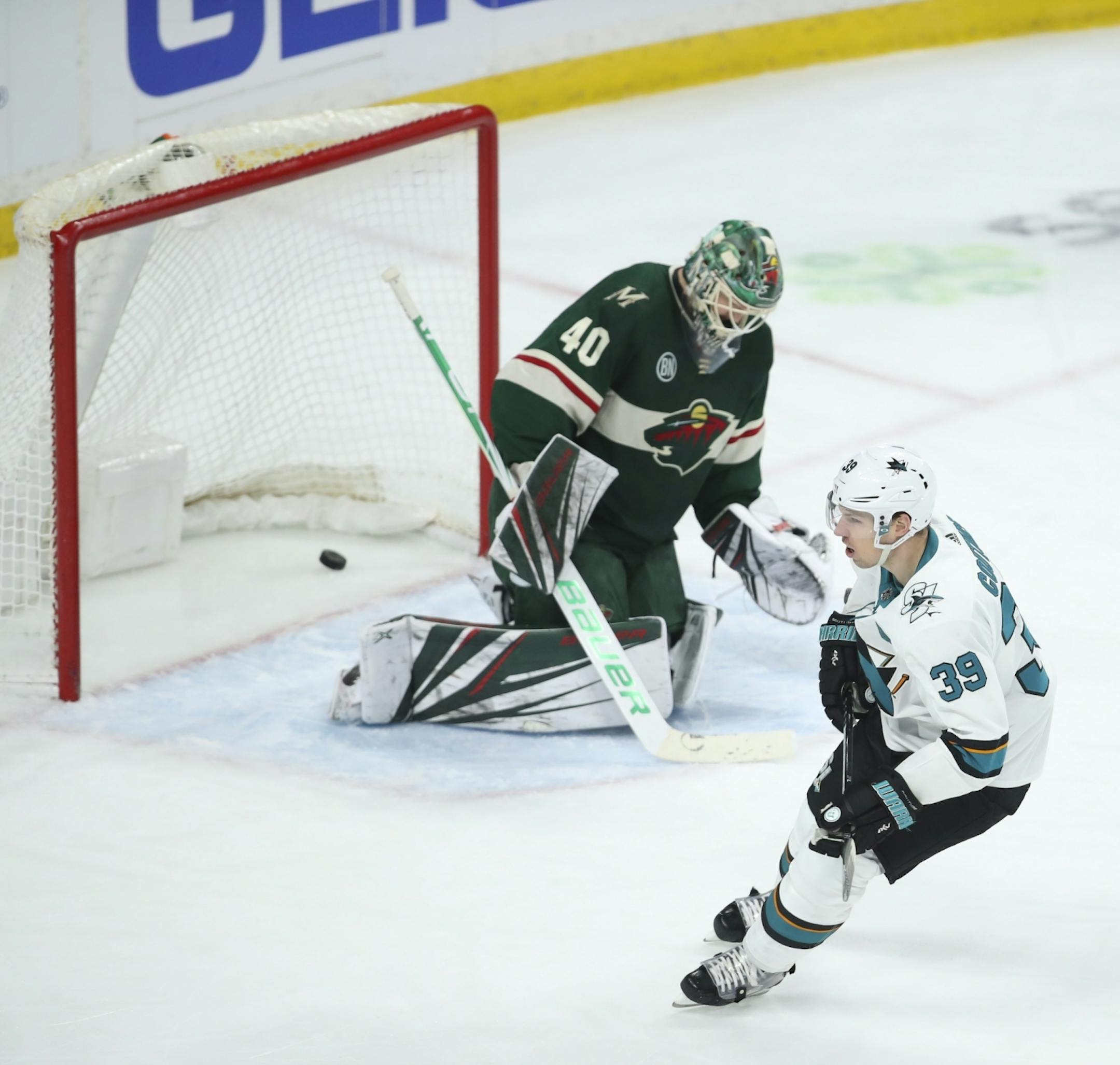 San Jose Sharks center Logan Couture (39) scored on Minnesota Wild goaltender Devan Dubnyk (40) on a penalty shot awarded when Minnesota Wild defenseman Anthony Bitetto (2) was called for hooking on a breakaway in the third period.