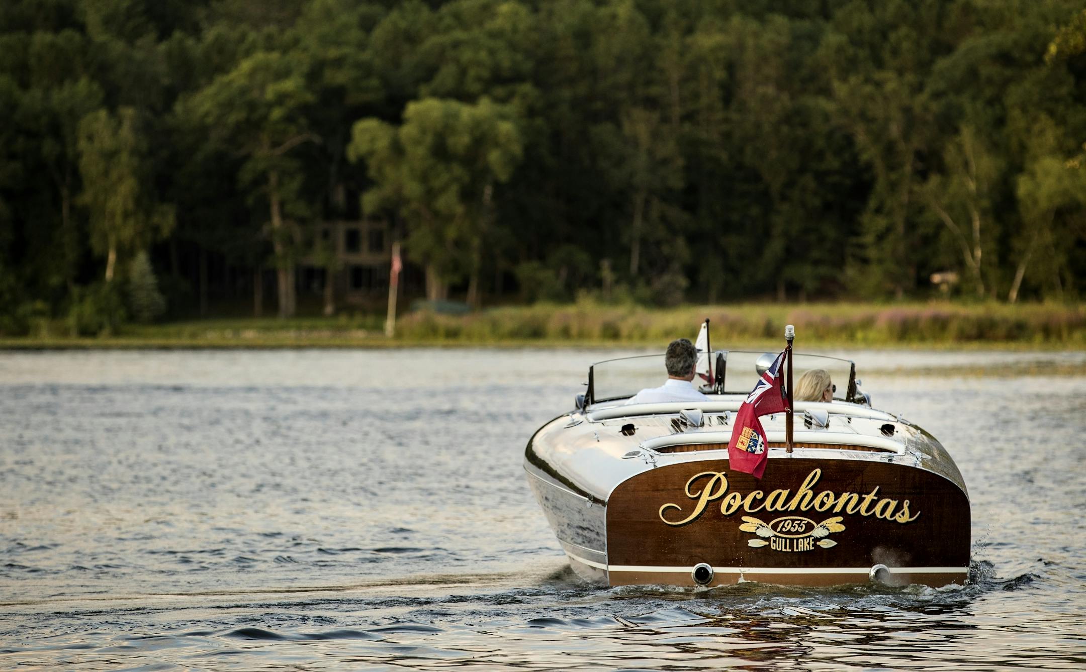 John and Becky Allen in Pocahontas. Pocahontas is a 1955 26-foot triple cockpit Canadian Greavette Streamliner powered by a 1955 V8 Hemi. Built in Gravenhurst Canada.