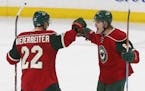 Mikael Granlund, right, celebrates a goal with Nino Neiderreiter last season. Their contracts will determine other moves that Wild general manager Chu
