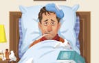 Vector illustration of a man with a flu or cold lying in bed. He looks tired, has a red nose, is snorting and sweating, has an ice bag on his head and