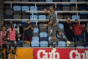 Minnesota United forward Ramon Abila (9) celebrated after he headed the ball into the Vancouver goal for his first MLS goal and the only goal of the g