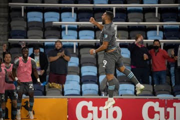 Minnesota United forward Ramon Abila (9) celebrated after he headed the ball into the Vancouver goal for his first MLS goal and the only goal of the g