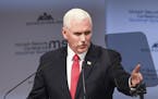 United States Vice President Mike Pence delivers his speech during the Munich Security Conference in Munich, Germany, Saturday, Feb. 16, 2019. (AP Pho