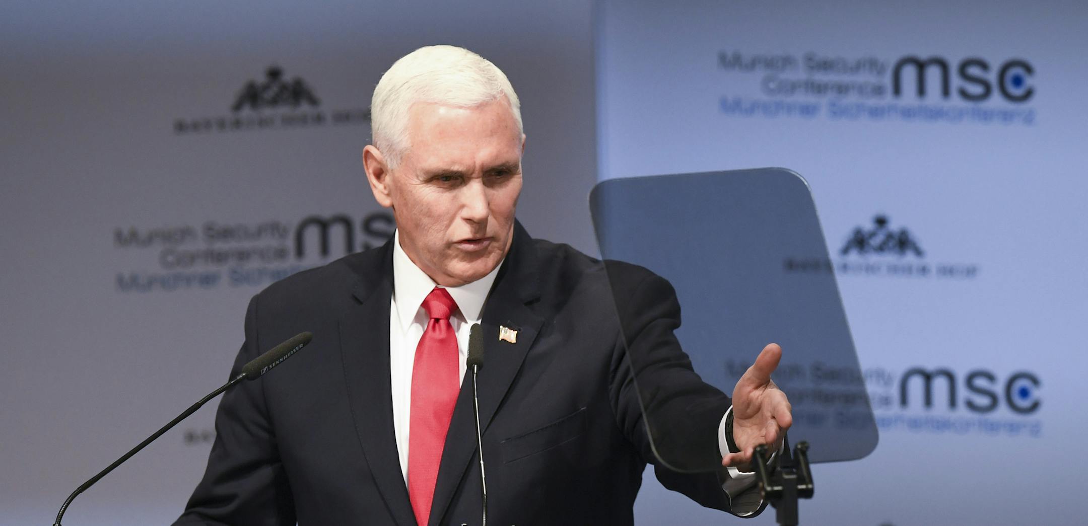 United States Vice President Mike Pence delivers his speech during the Munich Security Conference in Munich, Germany, Saturday, Feb. 16, 2019. (AP Photo/Kerstin Joensson)