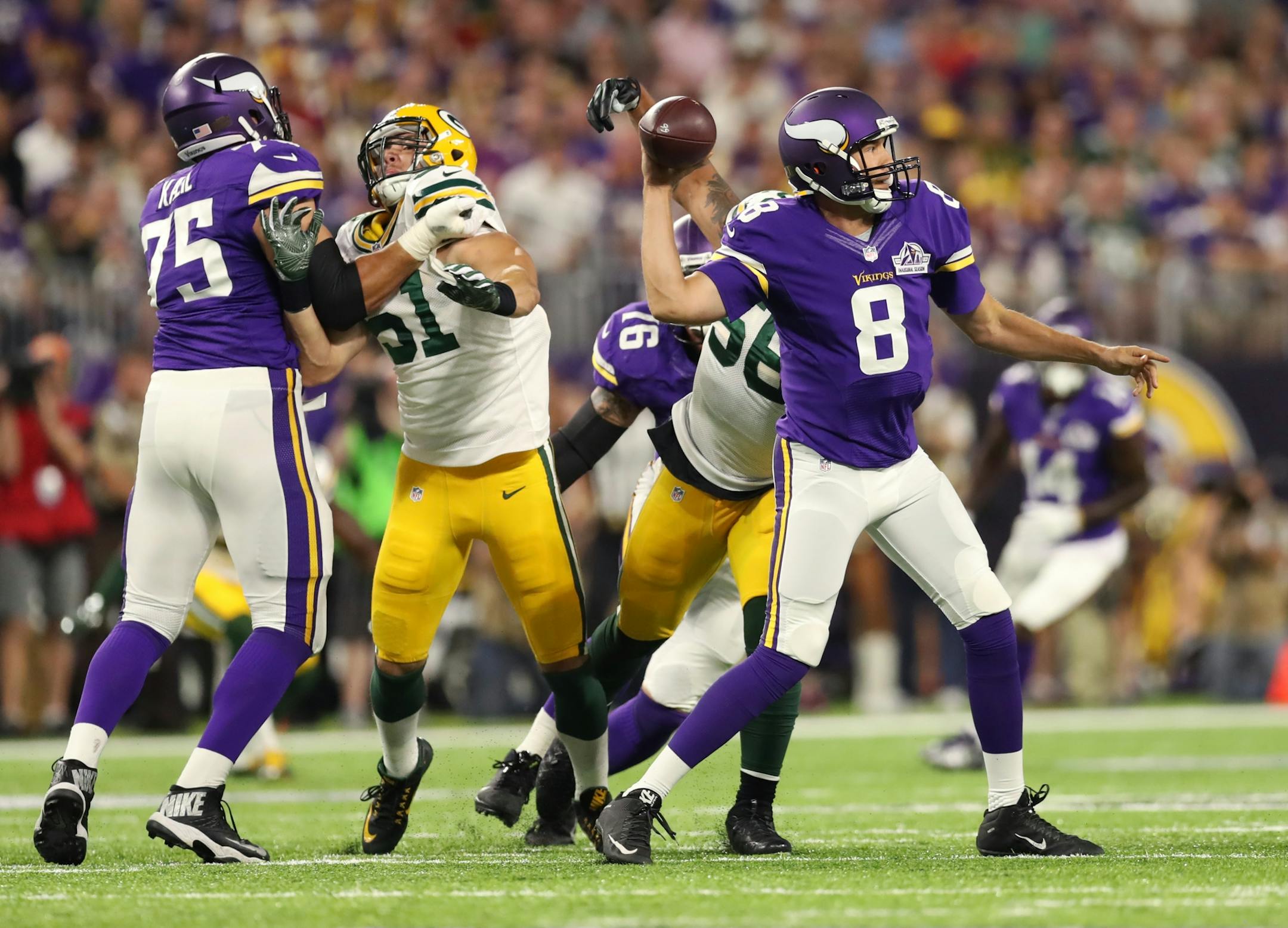Vikings QB Sam Bradford in the 2nd quarter. The Minnesota Vikings open the new US Bank Stadium for their first home regular season game against the Green Bay Packers. Here,