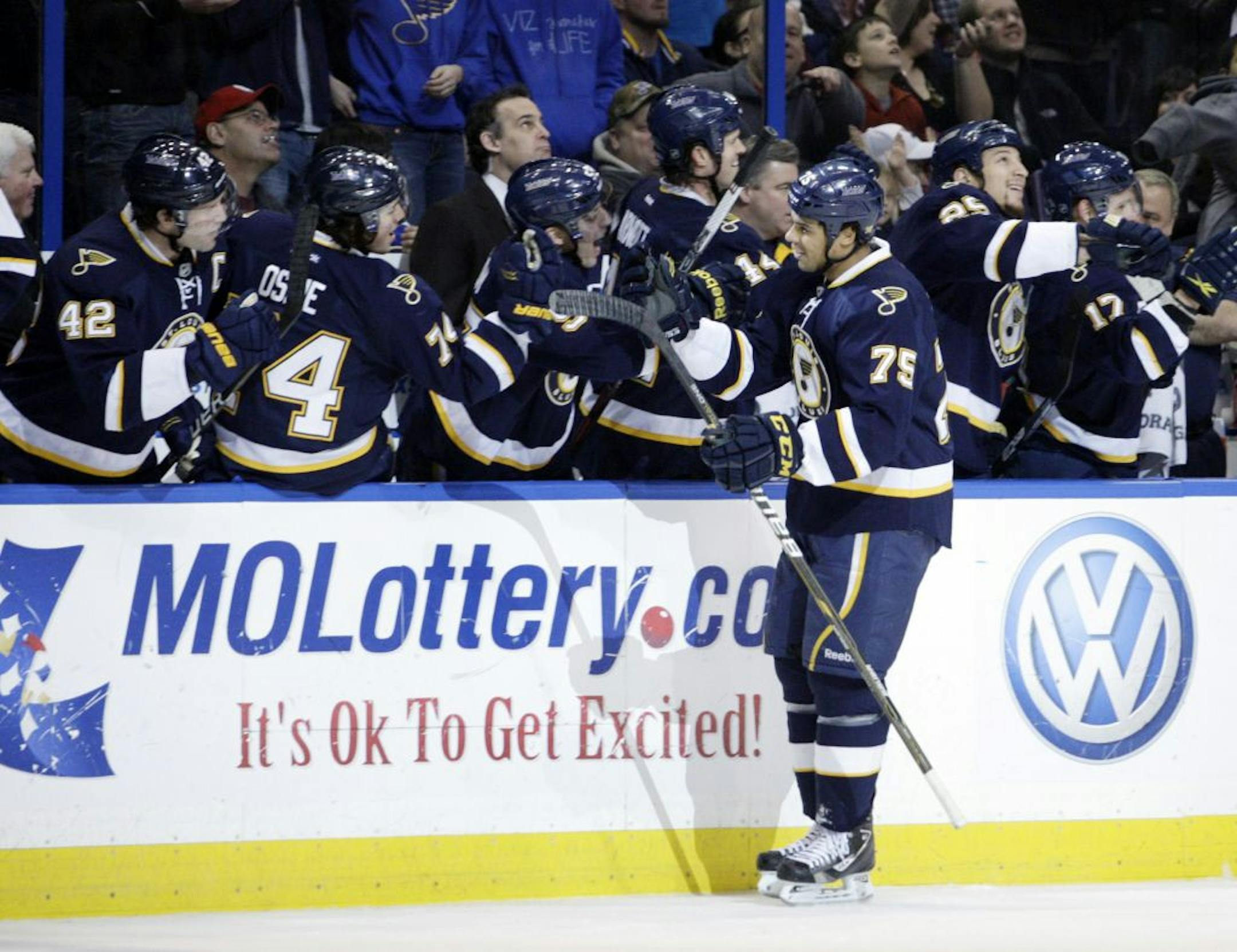 St. Louis Blues' Ryan Reaves (75) celebrates with teammates at the bench after scoring a goal in the first period of an NHL hockey game against the Minnesota Wild, Saturday, Feb. 18, 2012 in St. Louis.
