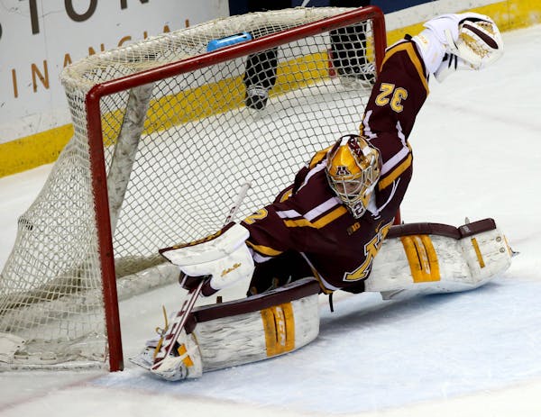 Gophers goalie Adam Wilcox couldn't stop this Minnesota State Mankato goal during the first period Friday night.