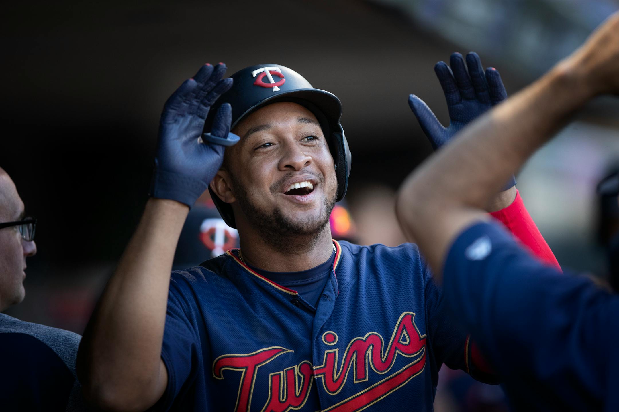The Twins' Jonathan Schoop celebrated his third-inning solo homer at Target Field on Tuesday, part of a 9-4 victory over Tampa Bay.