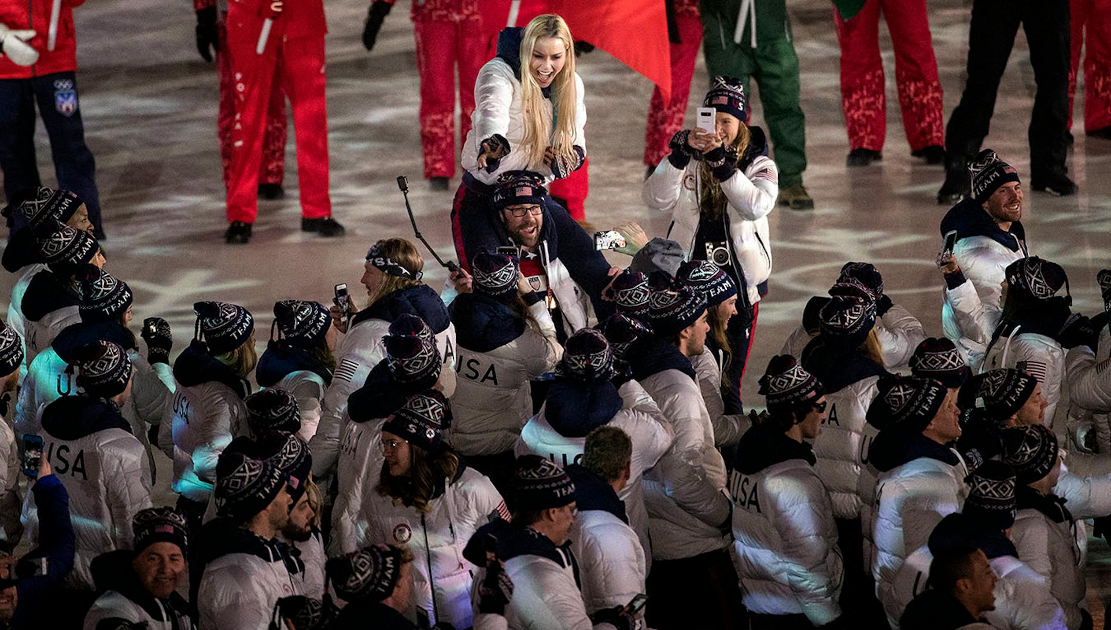Lindsey Vonn was carried as team USA entered Pyeongchang Olympic Stadium during Closing Ceremony on Sunday.