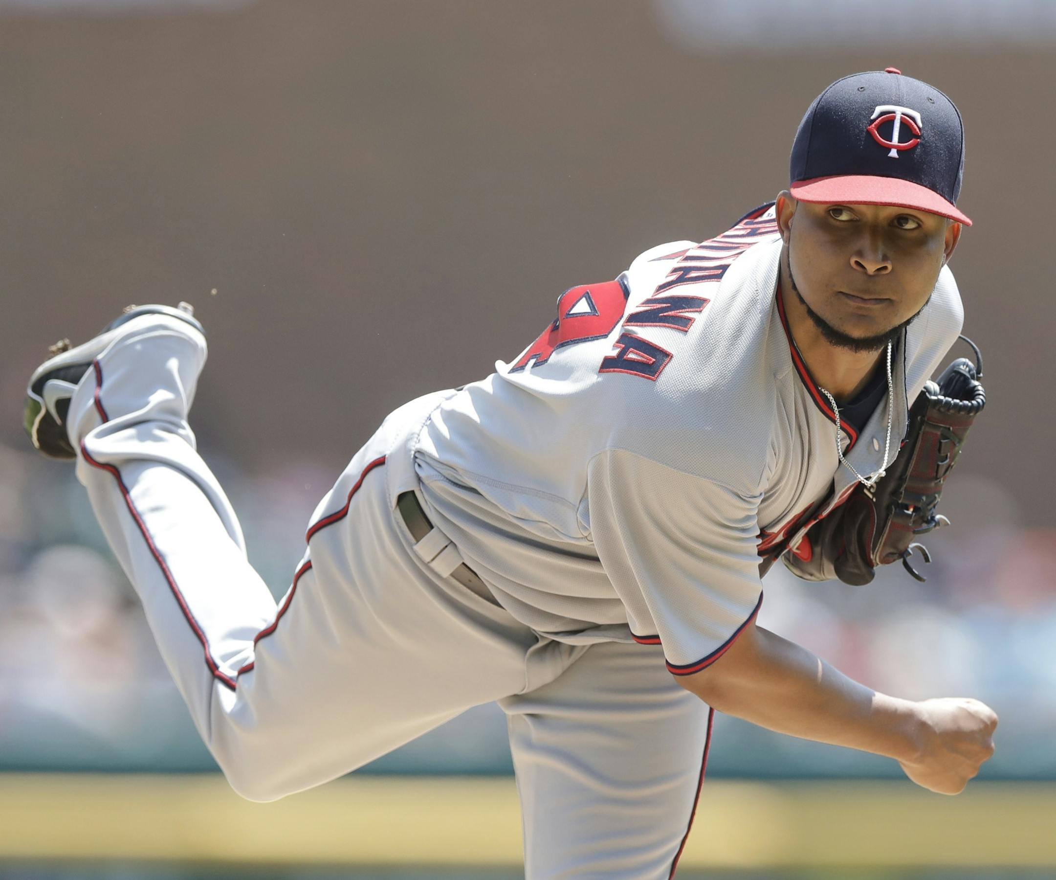 Minnesota Twins starting pitcher Ervin Santana throws during the first inning of a baseball game against the Detroit Tigers, Wednesday, July 20, 2016 in Detroit. (AP Photo/Carlos Osorio)
