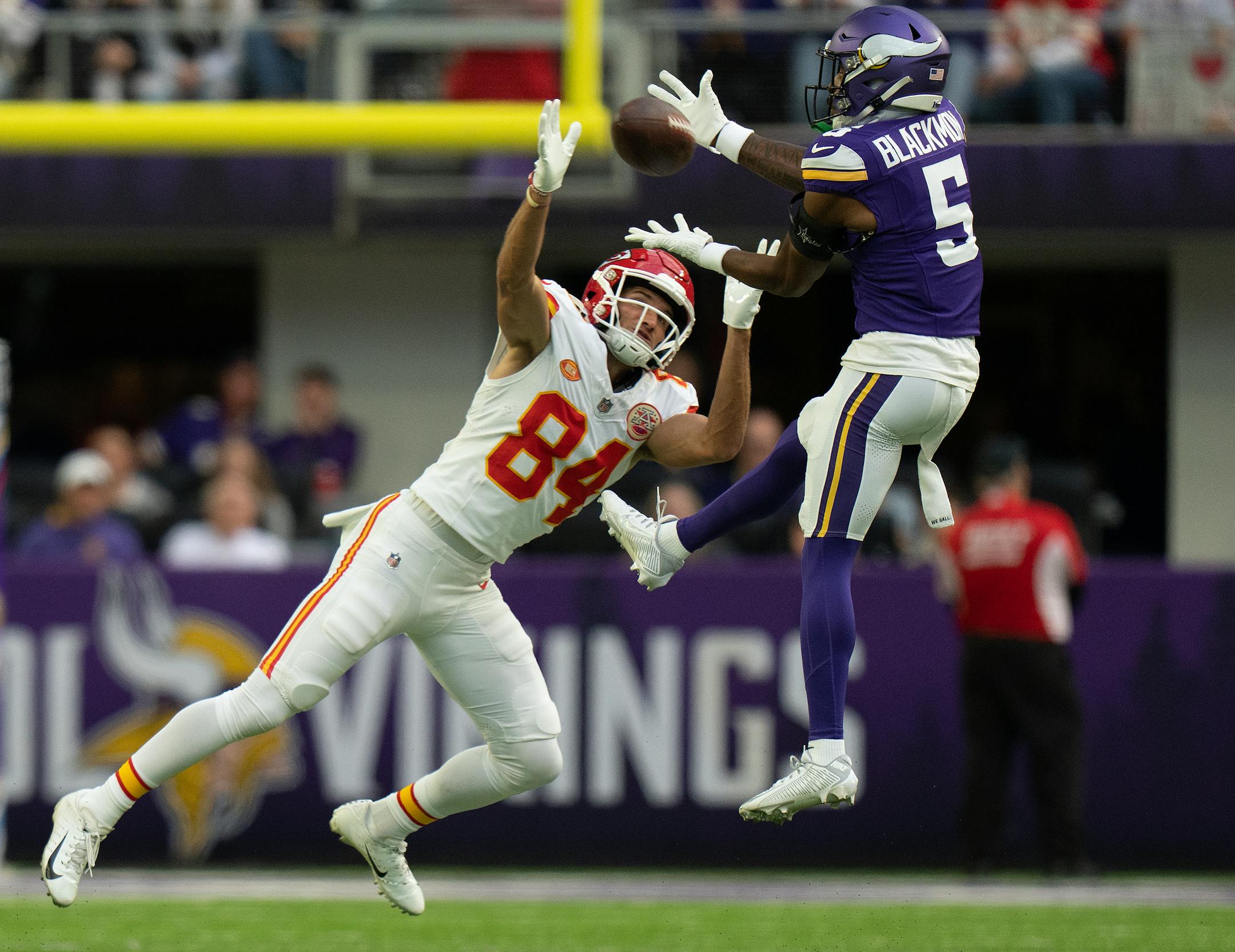 Minnesota Vikings cornerback Mekhi Blackmon, breaks up a second-quarter pass intended for Kansas City Chiefs wide receiver Justin Watson (84).