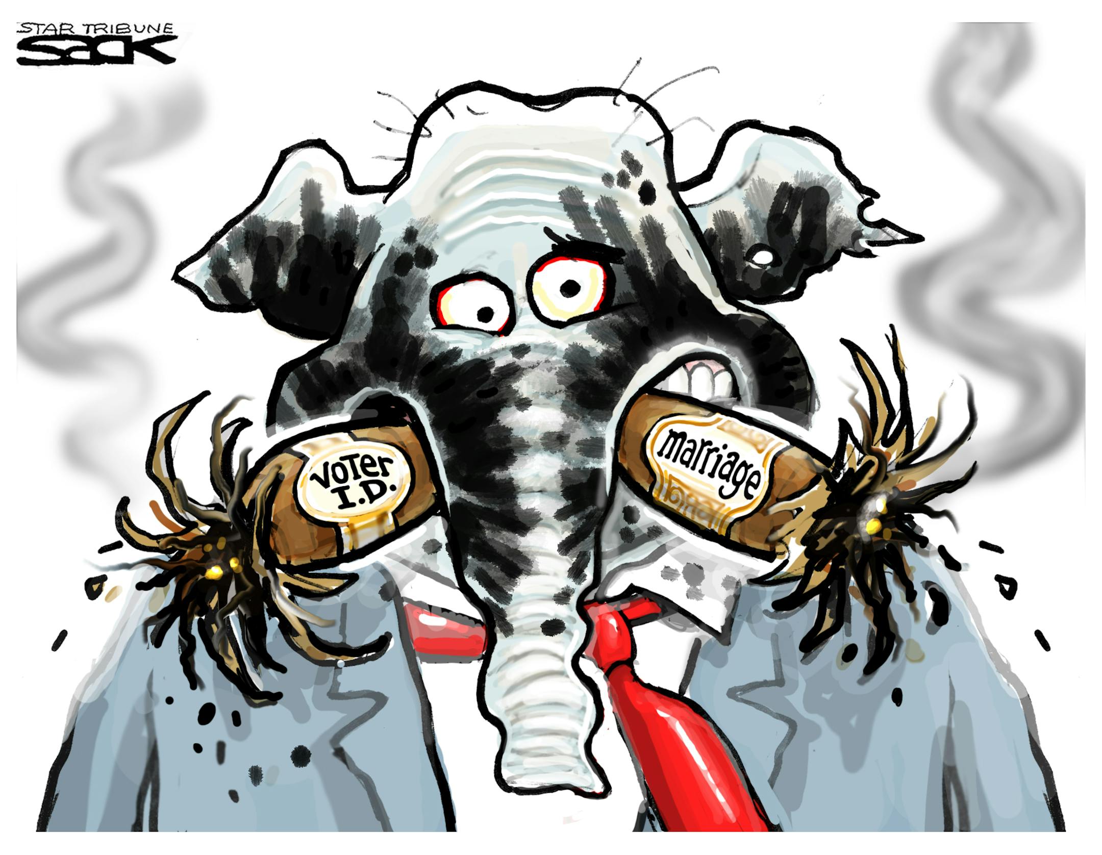 Steve Sack editorial cartoon for Nov. 8, 2012. Topic: GOP backed marriage and photo ID amendments fail on Election Day.