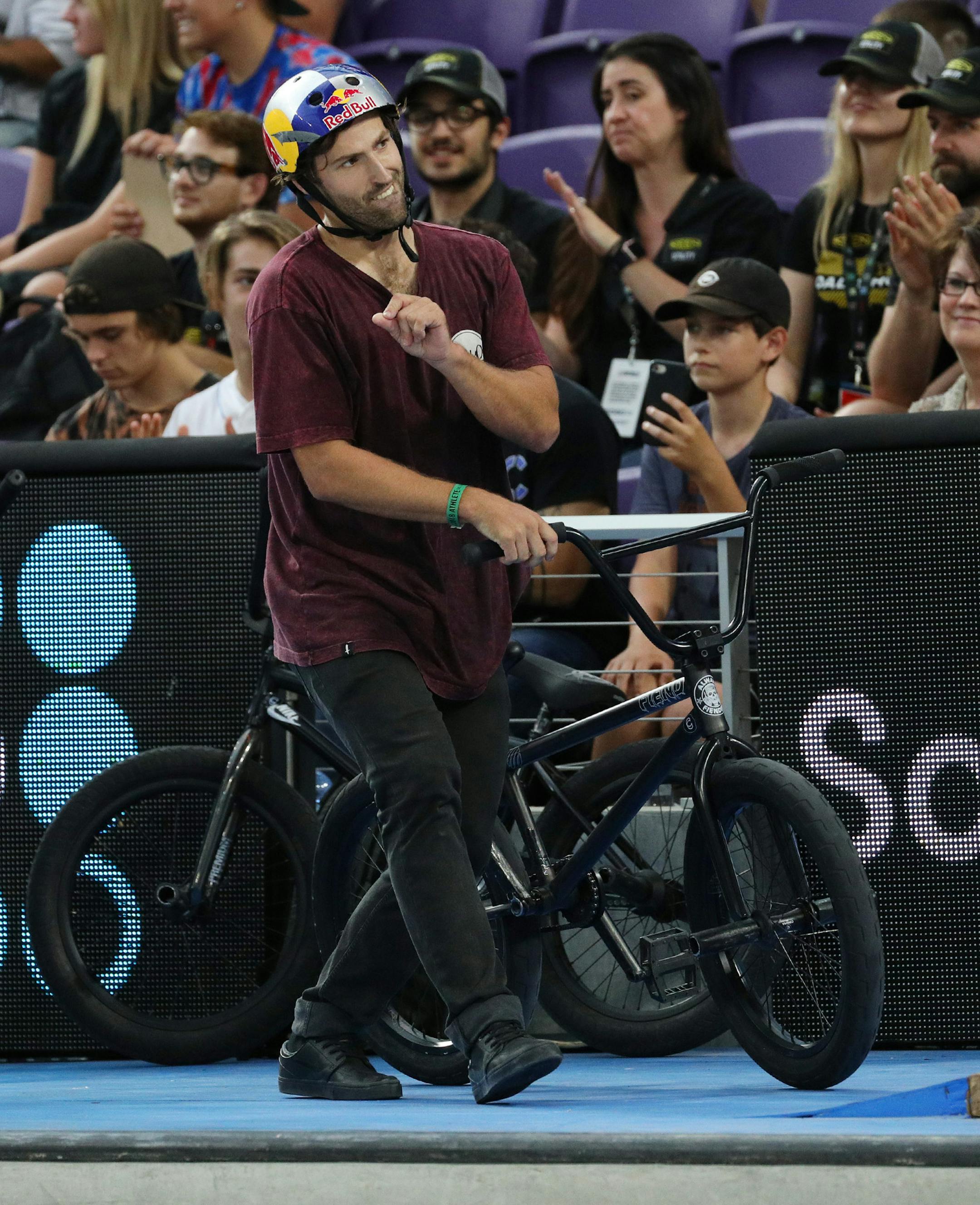 Garrett Reynolds, who's won 7 of the 8 XG BMX Street contests held, reacted after coming in second place in the BMX Street Final Friday. ] ANTHONY SOUFFLE ï anthony.souffle@startribune.com Athletes competed in the annual XGames Friday, July 20, 2018 at U.S. Bank Stadium in Minneapolis.