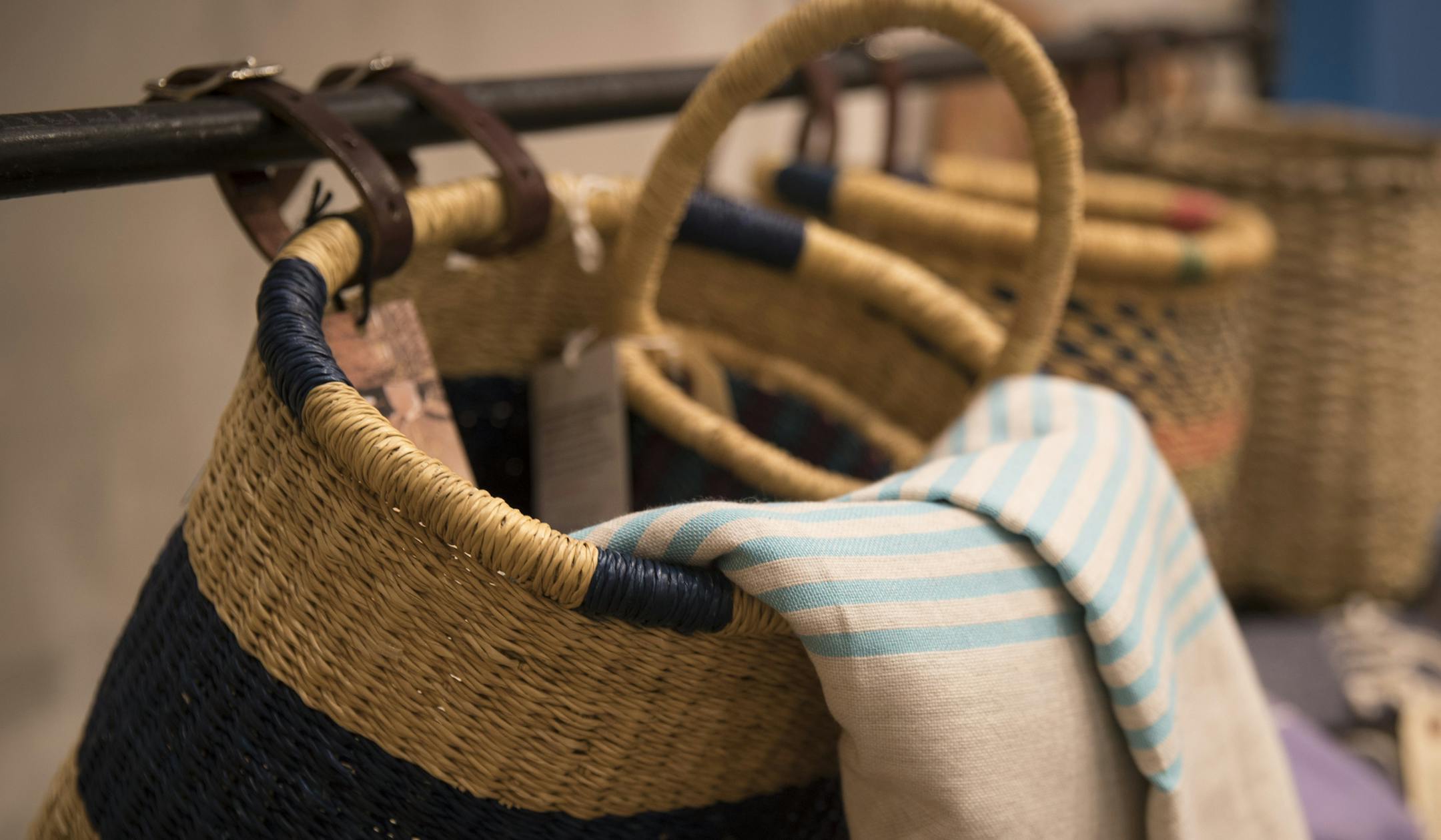 Bicycle baskets at the House of Talents display at the Mall of America store Debut Shop for Kindness at the Mall of America in Bloomington, Minn., on Friday, May 12, 2017. House of Talents is described as "bringing the artistry and craftsmanship of West Africa to the world, helping talented artisans to build the lives they envision for themselves and their families." ] RENEE JONES SCHNEIDER • renee.jones@startribune.com