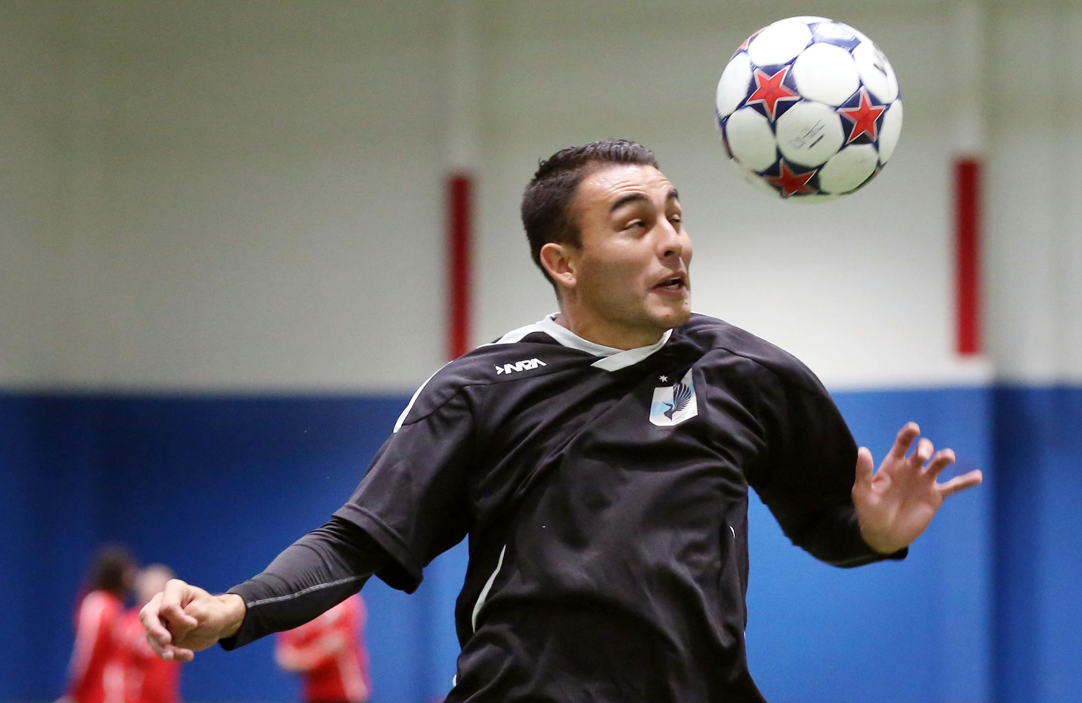 Miguel Ibarra worked on headers during Minnesota United soccer practice Thursday April 2, 2015 at National Sports Center in Blaine, Minnesota. ] Jerry Holt/ Jerry.Holt@Startribune.com