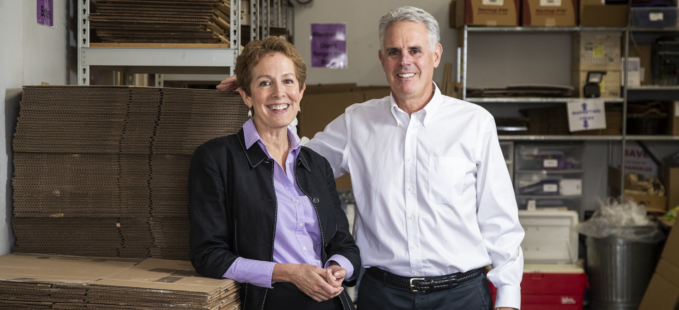 Gentle Transitions co-owners Diane Bjorkman and Bill Lehman pose for a portrait. ] LEILA NAVIDI &#xa5; leila.navidi@startribune.com BACKGROUND INFORMATION: Gentle Transitions co-owners Diane Bjorkman and Bill Lehman pose for a portrait at their Edina office and warehouse on Tuesday, May 21, 2019.