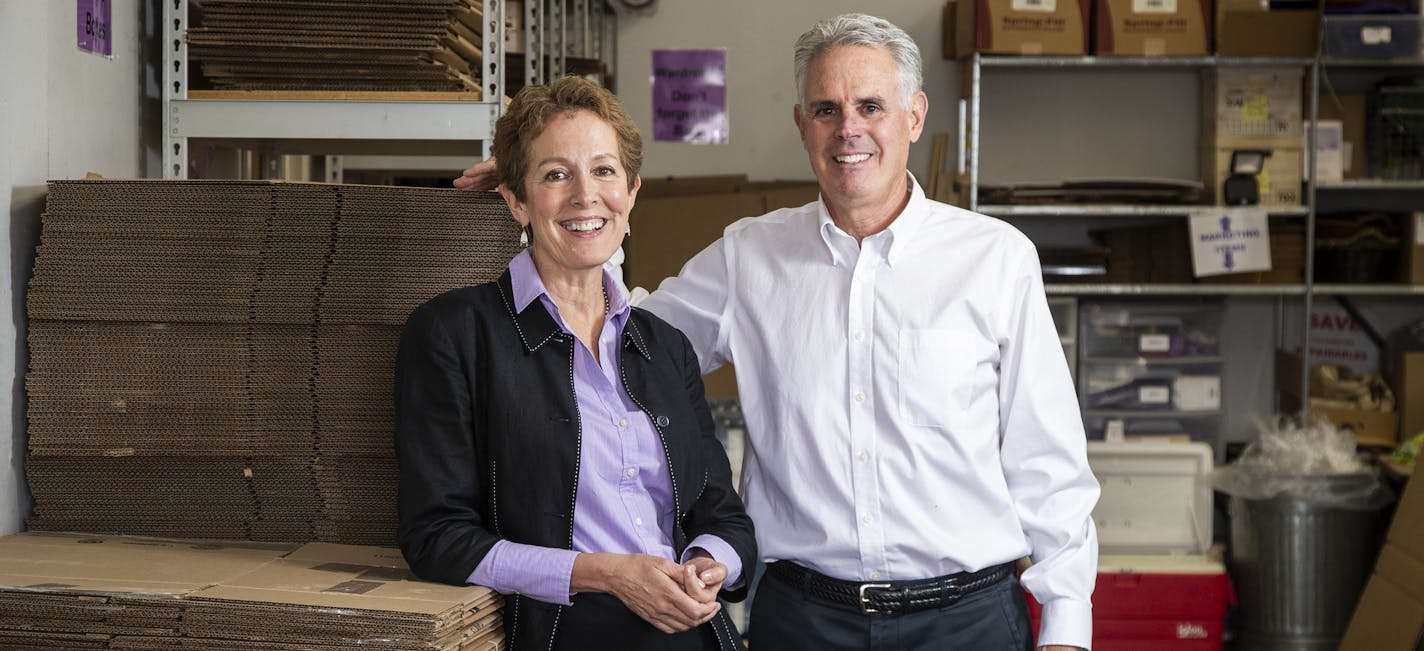 Gentle Transitions co-owners Diane Bjorkman and Bill Lehman pose for a portrait. ] LEILA NAVIDI &#xa5; leila.navidi@startribune.com BACKGROUND INFORMATION: Gentle Transitions co-owners Diane Bjorkman and Bill Lehman pose for a portrait at their Edina office and warehouse on Tuesday, May 21, 2019.