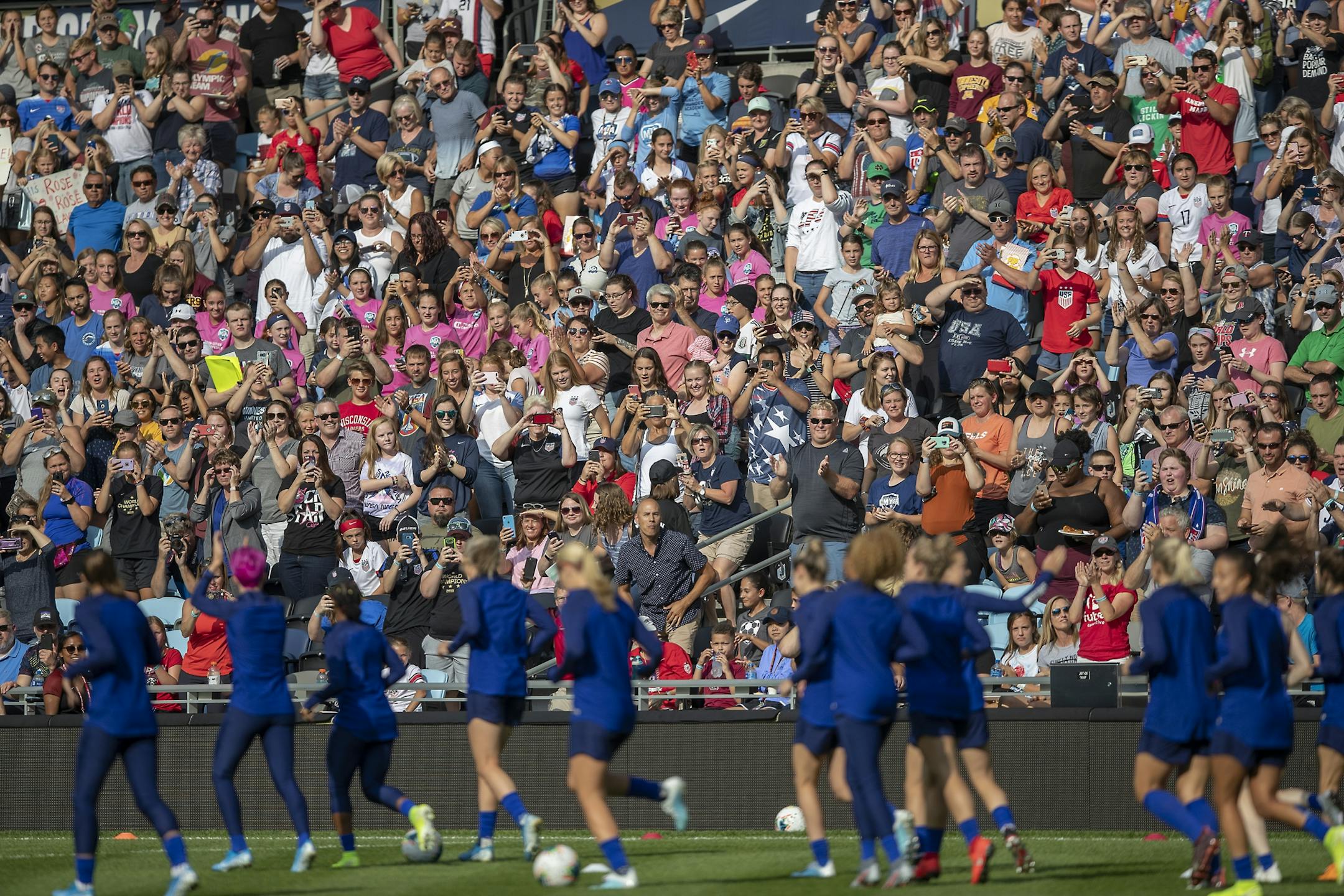 The U.S. women's national team received a standing ovation as they made their way onto the field for an open practice at Allianz Field, Monday, September 1, 2019 in St. Paul, MN. They will play a friendly game against Portugal on Tuesday.
