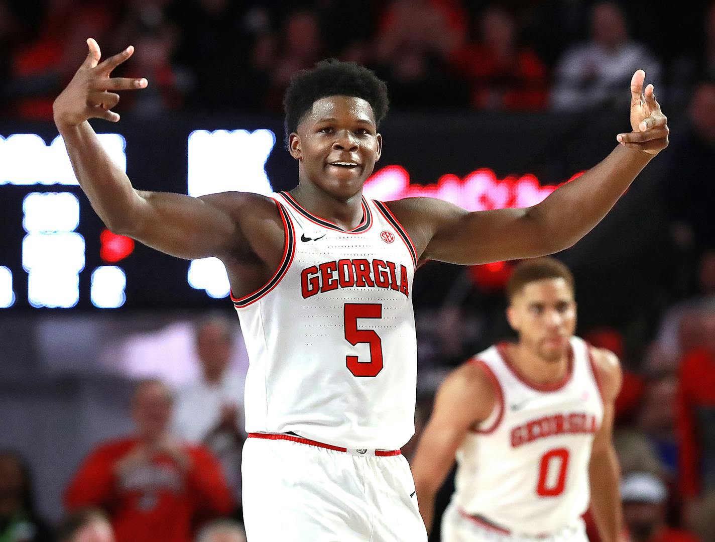 Georgia freshman Anthony Edwards reacts to hitting back to back three pointers against Kentucky, but it wasn't enough in a 78-69 loss in a NCAA college basketball game on Tuesday, January 7, 2020, in Athens. (Curtis Compton/Atlanta Journal-Constitution/TNS) ORG XMIT: 1535234