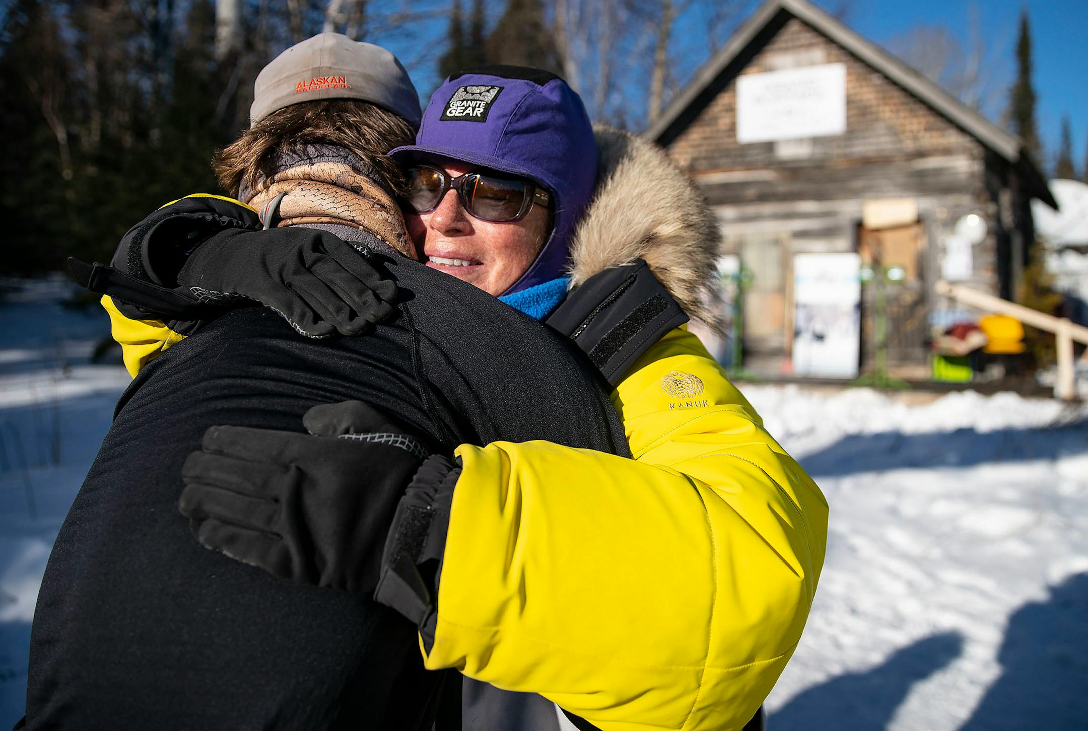 Collen Wallin embraced her son, Ero, as he met her at the final checkpoint at Mineral Center in Grand Portage, Minn. on Tuesday afternoon. Colleen got to the checkpoint three hours after Ero.