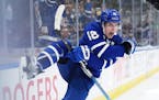 Toronto Maple Leafs forward Mitchell Marner (16) celebrates his goal against the Vegas Golden Knights during the second period of an NHL hockey game, 