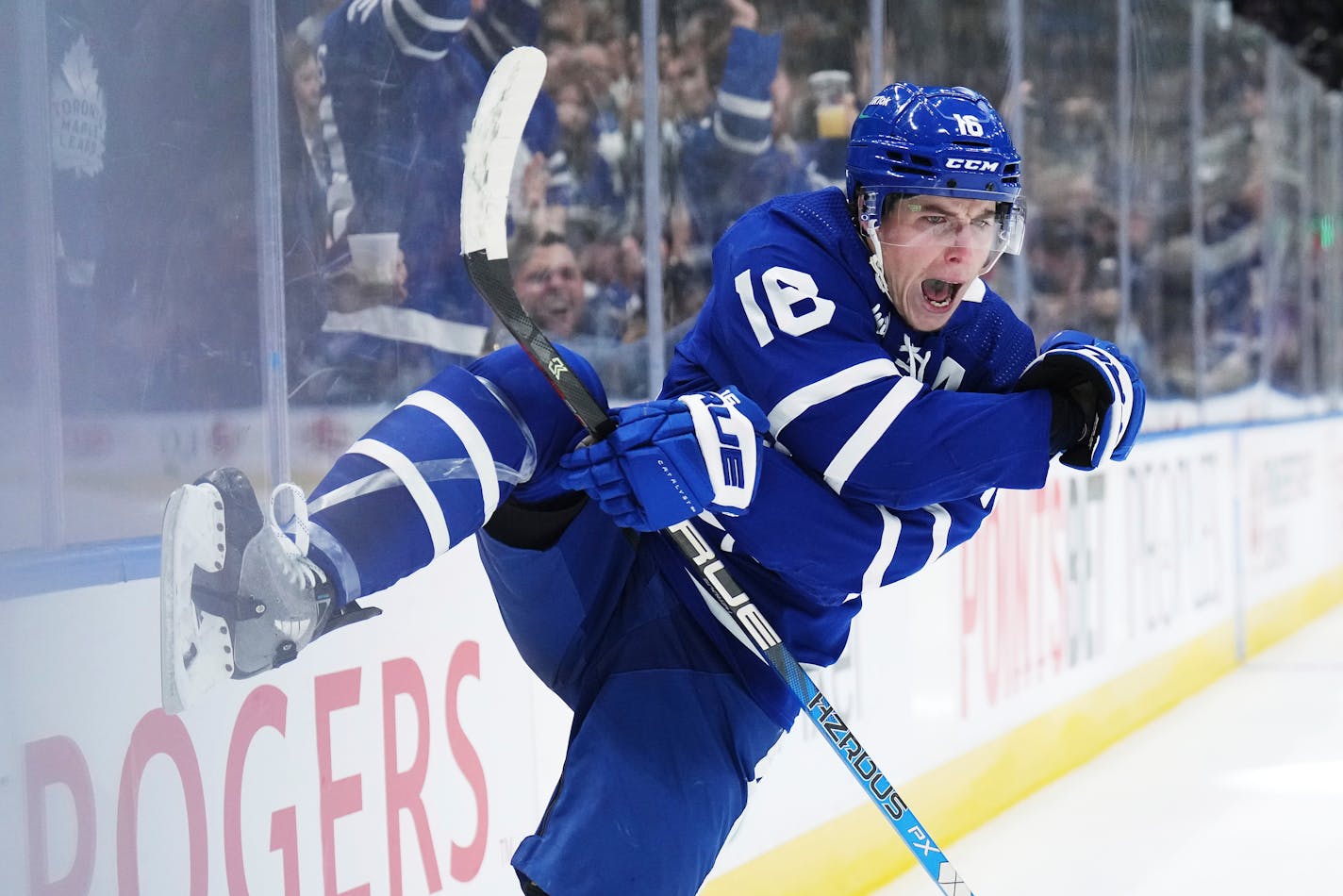 Toronto Maple Leafs forward Mitchell Marner (16) celebrates his goal against the Vegas Golden Knights during the second period of an NHL hockey game, Tuesday, Nov. 8, 2022 in Toronto. (Nathan Denette/The Canadian Press via AP)