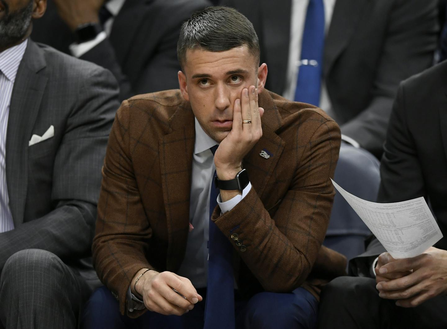 Minnesota Timberwolves head coach Ryan Saunders watches his team play against the Cleveland Cavaliers during the second quarter of an NBA basketball game on Saturday, Dec. 28, 2019, in Minneapolis. (AP Photo/Hannah Foslien)