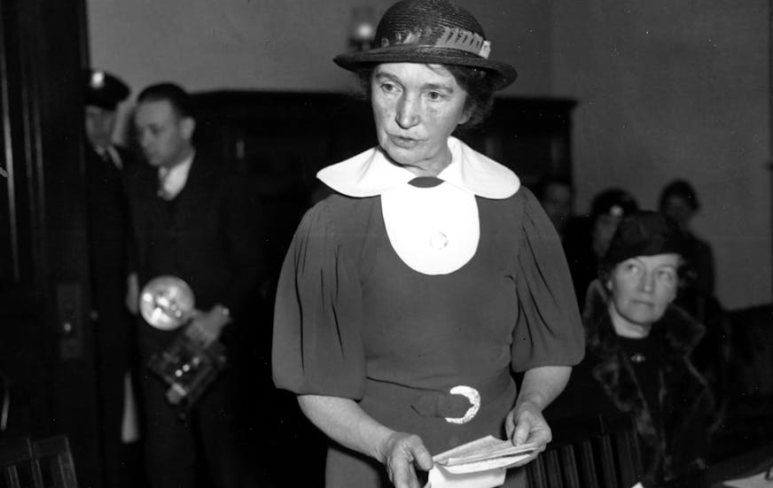 FILE - In this March 1, 1934 file photo, Margaret Sanger, who founded the American Birth Control League in 1921, speaks before a Senate committee to advocate for federal birth-control legislation in Washington. Planned Parenthood of Greater New York is removing Sanger's name from a Manhattan clinic because of the birth control pioneer's ties to the eugenics movement, the organization announced Tuesday, July 21, 2020. (AP Photo, File)