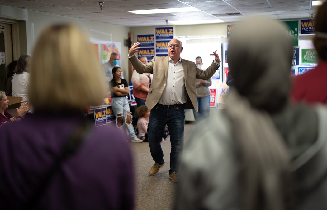 Walz spoke at a rally with teachers at the Rochester DFL office in September. 