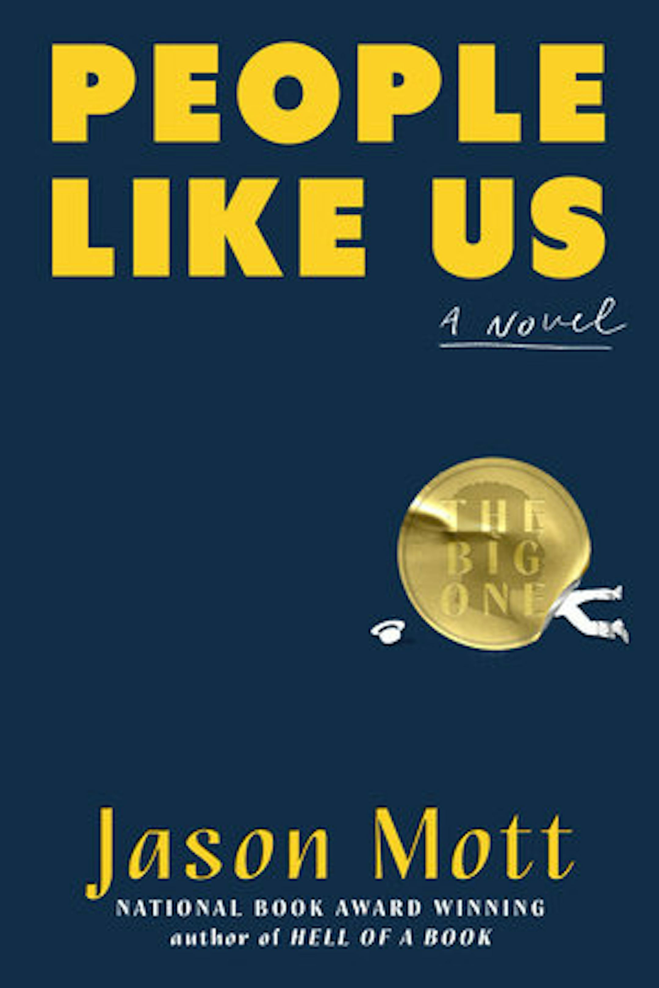 cover of People Like Us is dark blue, with a drawing of a human body flattened by a gold book prize sticker
