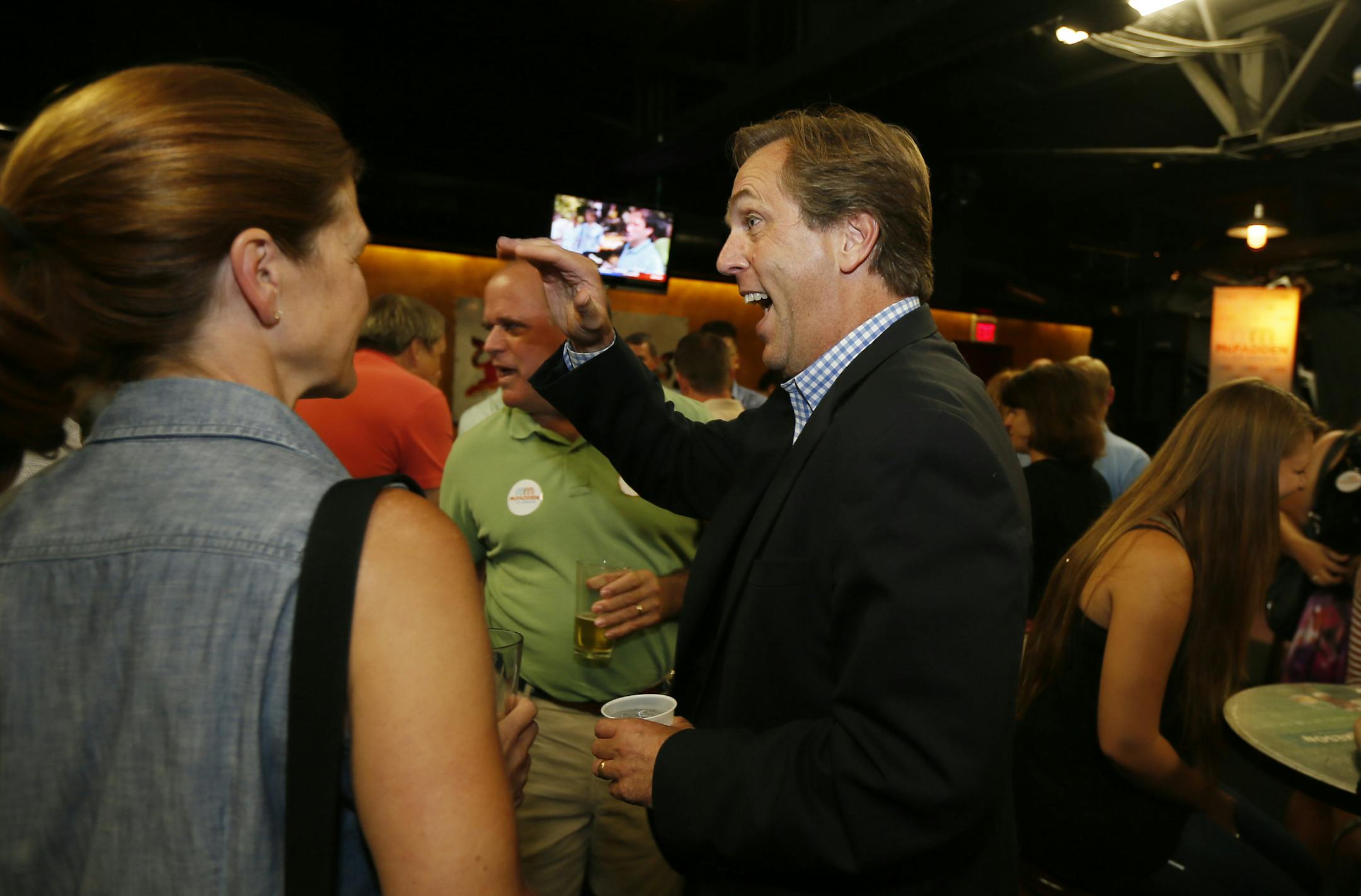 GOP Senate hopeful Mike McFadden greets supporters at victory party at O'Gara's Bar and Grill Tuesday night August 12 , 2014 in St. Paul MN .] Jerry Holt Jerry.holt@startribune.com