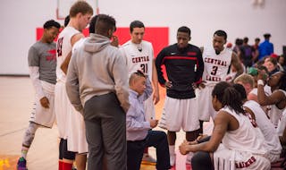 Central Lakes College coach Jim Russell talked to his players during a game in Brainerd this season. Russell, in his 25th season, has 485 victories in