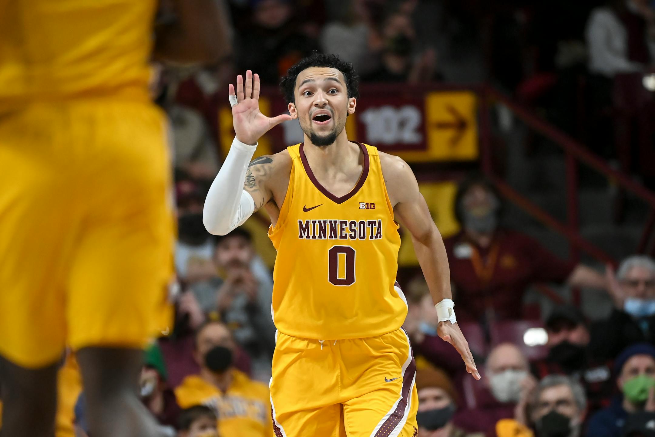 Minnesota Gophers guard Payton Willis (0) reacts after shooting a 3-pointer during the second half of an NCAA men's basketball game between Minnesota and Purdue at Williams Arena in Minneapolis, Minn.