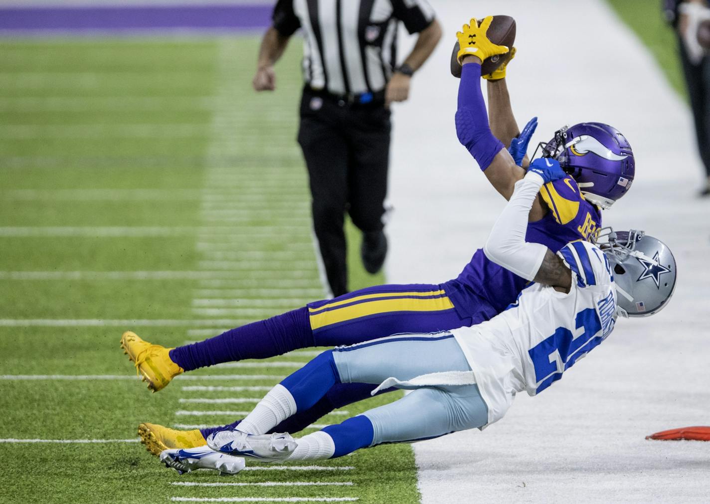 Vikings receiver Justin Jefferson caught a pass in the third quarter vs. Dallas last week.