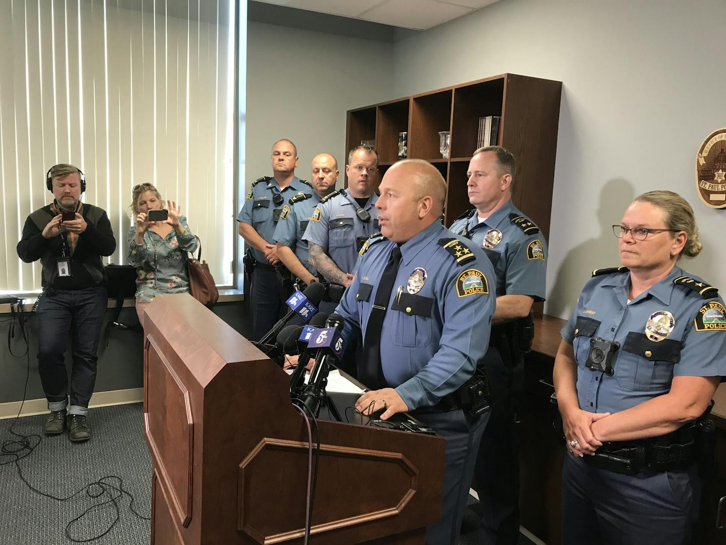 St. Paul Police Chief Todd Axtell announced the firing of five police officers for failing to intervene in an assault last year.