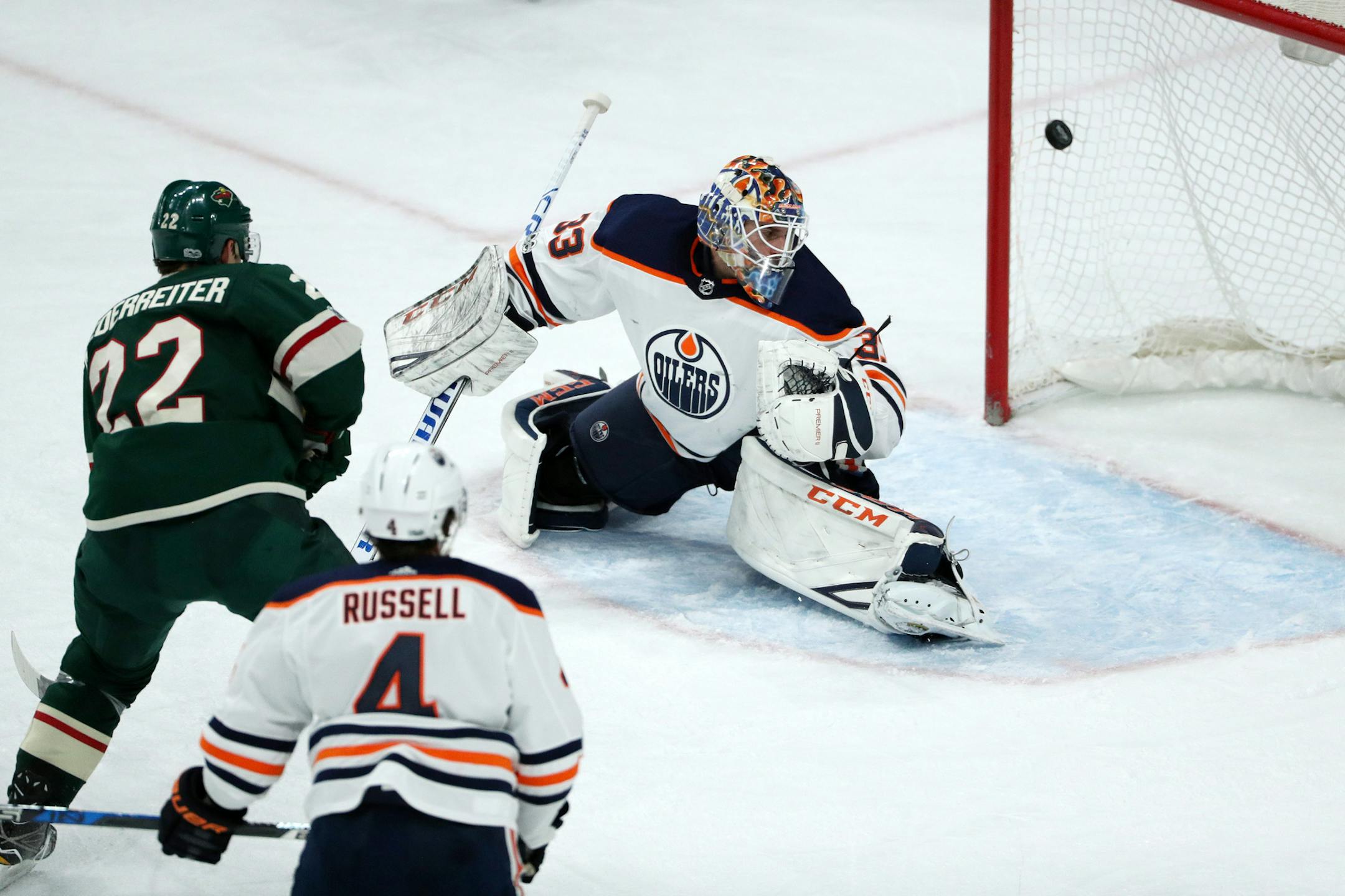 Minnesota Wild Matt Duma (24) scored on Edmonton Oilers goaltender Cam Talbot (33) as Edmonton Oilers defenseman Kris Russell (4) and Wild right wing Nino Niederreiter (22) looked on in the second period. ] ANTHONY SOUFFLE ï anthony.souffle@startribune.com Game action from an NHL game between the Minnesota Wild and the Edmonton Oilers Saturday, Dec. 16, 2017 at the Xcel Energy Center in St. Paul, Minn.