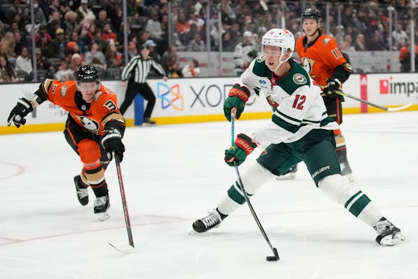 Wild left wing Matt Boldy shoots against Anaheim defenseman John Klingberg during the second period. Boldy scored in the victory.