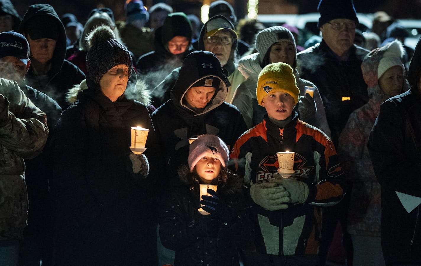 The Mann family of Waseca attended the candlelight vigil. From left is Callie Mann, her husband Dave and their children Emy, 9, and Jayden, 11. ] LEILA NAVIDI &#x2022; leila.navidi@startribune.com BACKGROUND INFORMATION: Hundreds of people attended a candlelight vigil for Arik Matson, the Waseca police officer critically wounded in a shooting Monday night, outside the Waseca Public Safety Building in Waseca on Thursday, January 9, 2020.