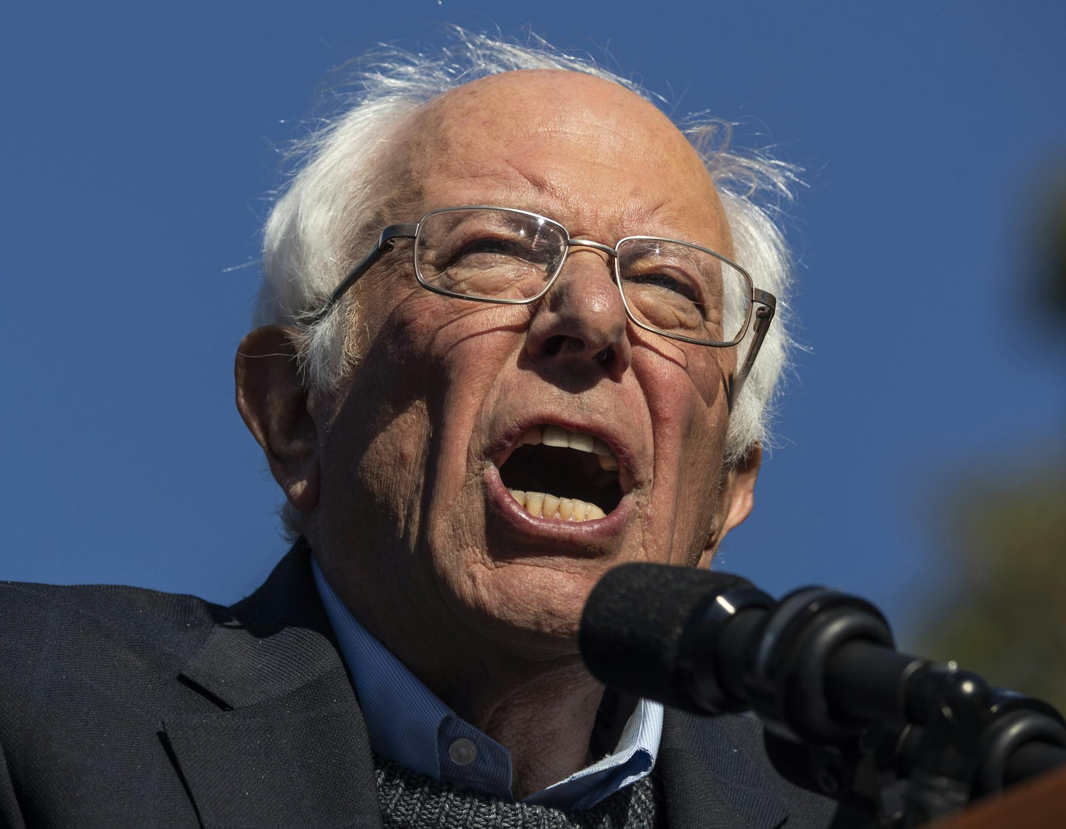 Sen. Bernie Sanders (I-Vt.) addresses a rally in Queens, Saturday, Oct. 19, 2019. Rep. Alexandria Ocasio-Cortez announced earlier that she would endorse Sanders' presidential campaign at the rally. (Brittainy Newman/The New York Times)