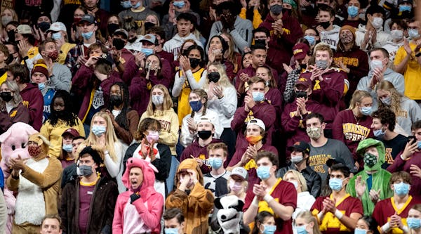 Fans cheer in the first half Tuesday, Nov. 9, 2021 at Williams Arena in Minneapolis, Minn. The Minnesota Gophers hosted the Missouri Kansas City Roos 